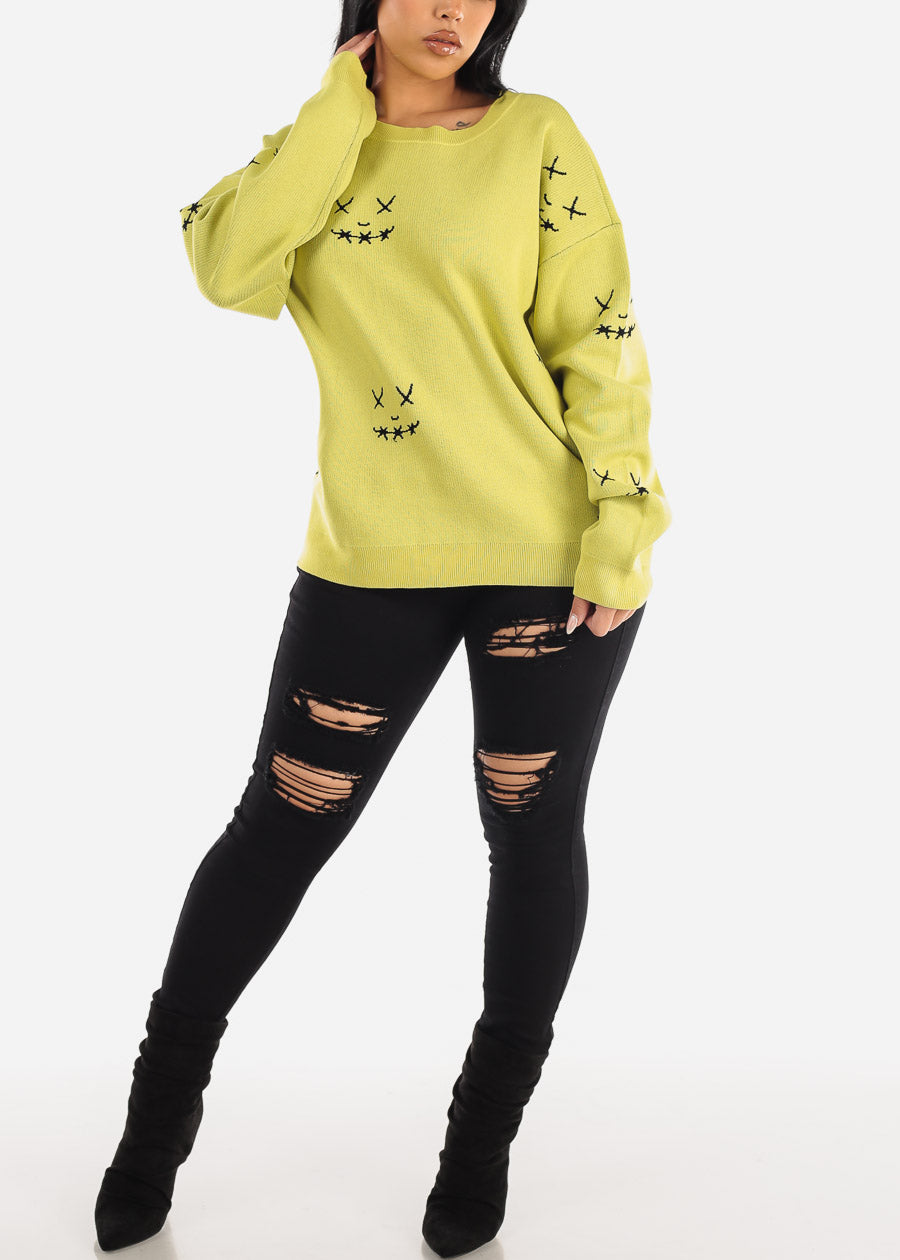 Long Sleeve Graphic Printed Oversized Sweater Lime Green