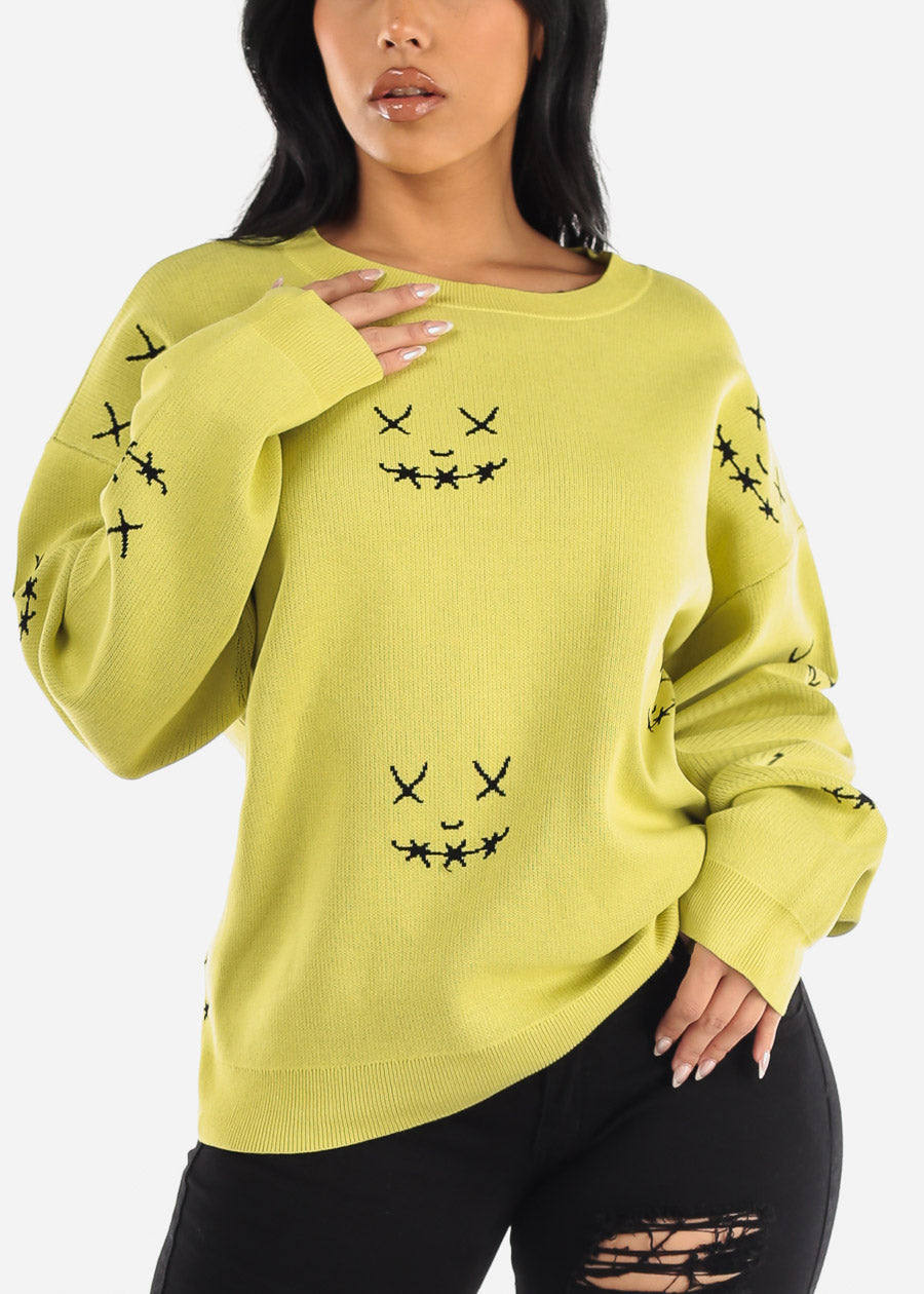 Long Sleeve Graphic Printed Oversized Sweater Lime Green