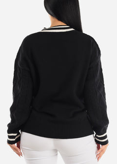 Long Sleeve Cable Knit Black V Neck Sweater