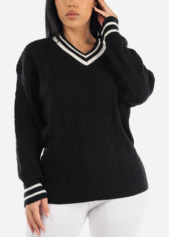 Long Sleeve Cable Knit Black V Neck Sweater