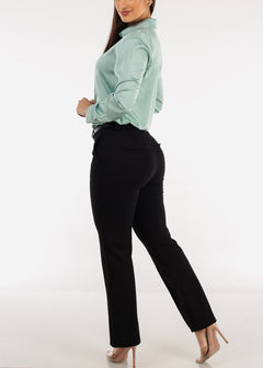 Women's Straight Leg Dress Pants - Black High Waist Belted Dressy Pants –  Moda Xpress