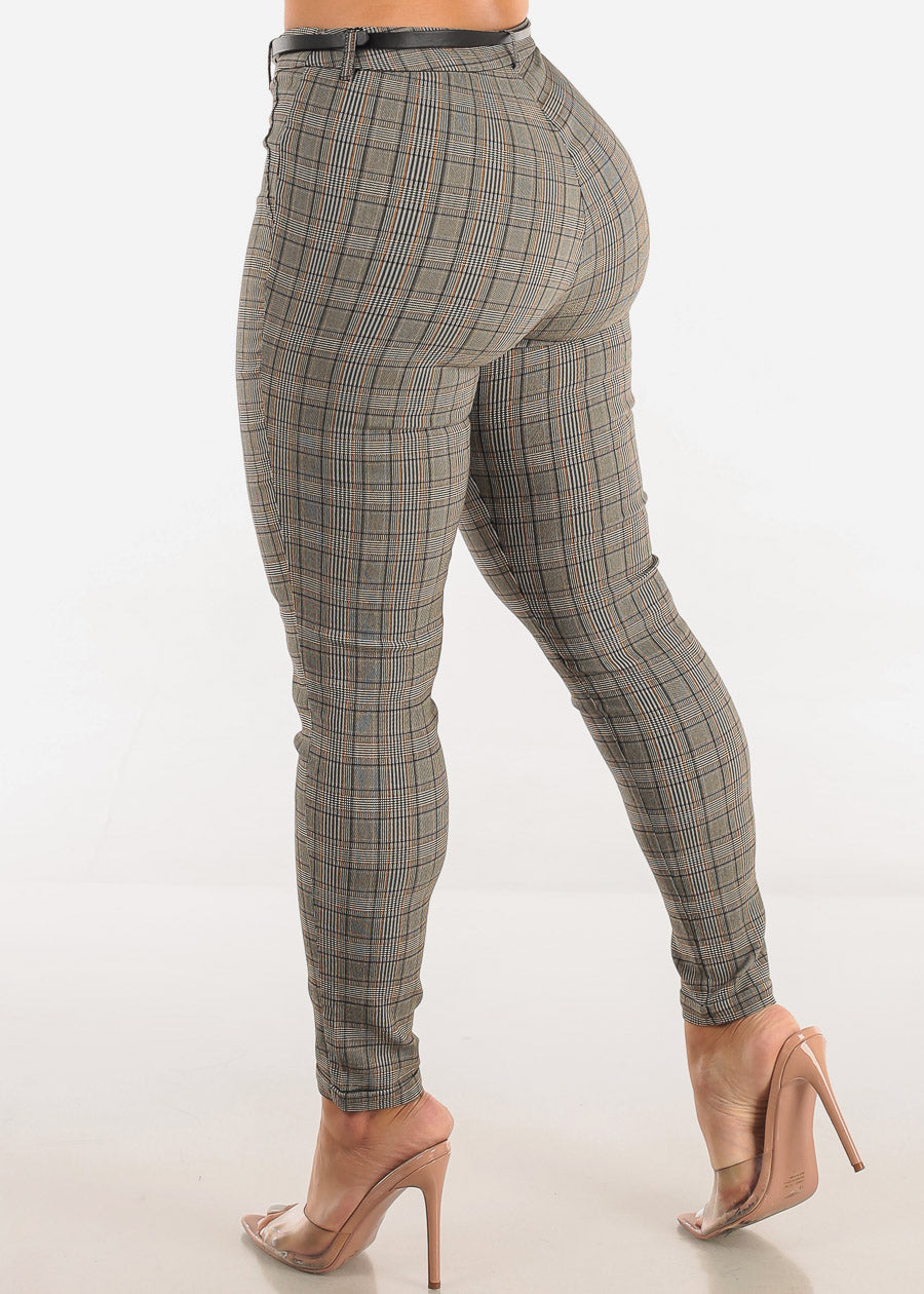 High Waisted Checkered Belted Skinny Pants Brown