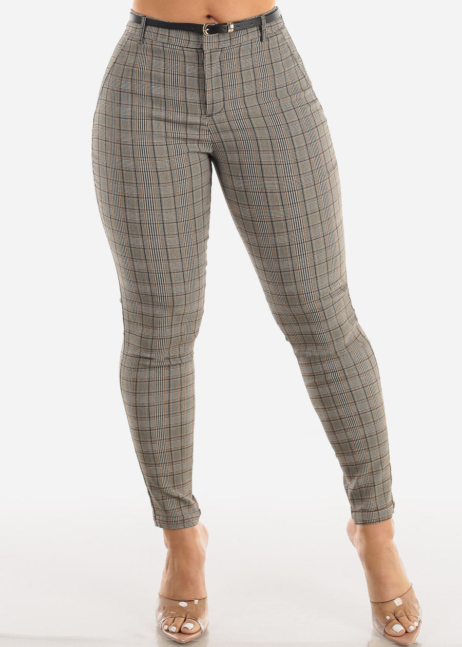 High Waisted Checkered Belted Skinny Pants Brown