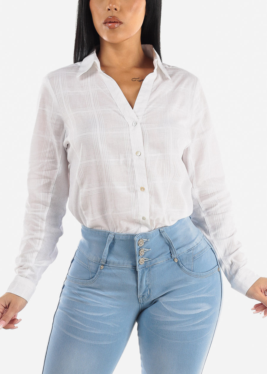 White Long Sleeve Button Down Plaid Collared Blouse