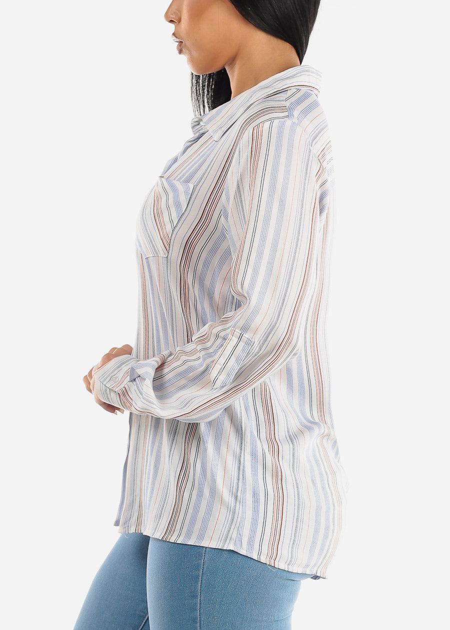 White Long Sleeve Button Up Striped Collared Blouse