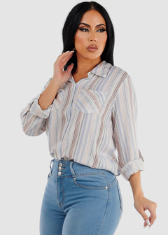 White Long Sleeve Button Up Striped Collared Blouse