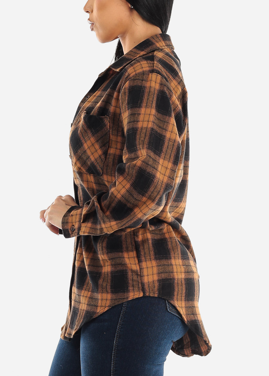Oversize Plaid Button Down Shacket Brown
