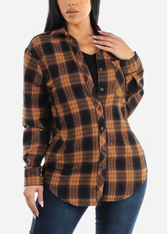 Oversize Plaid Button Down Shacket Brown
