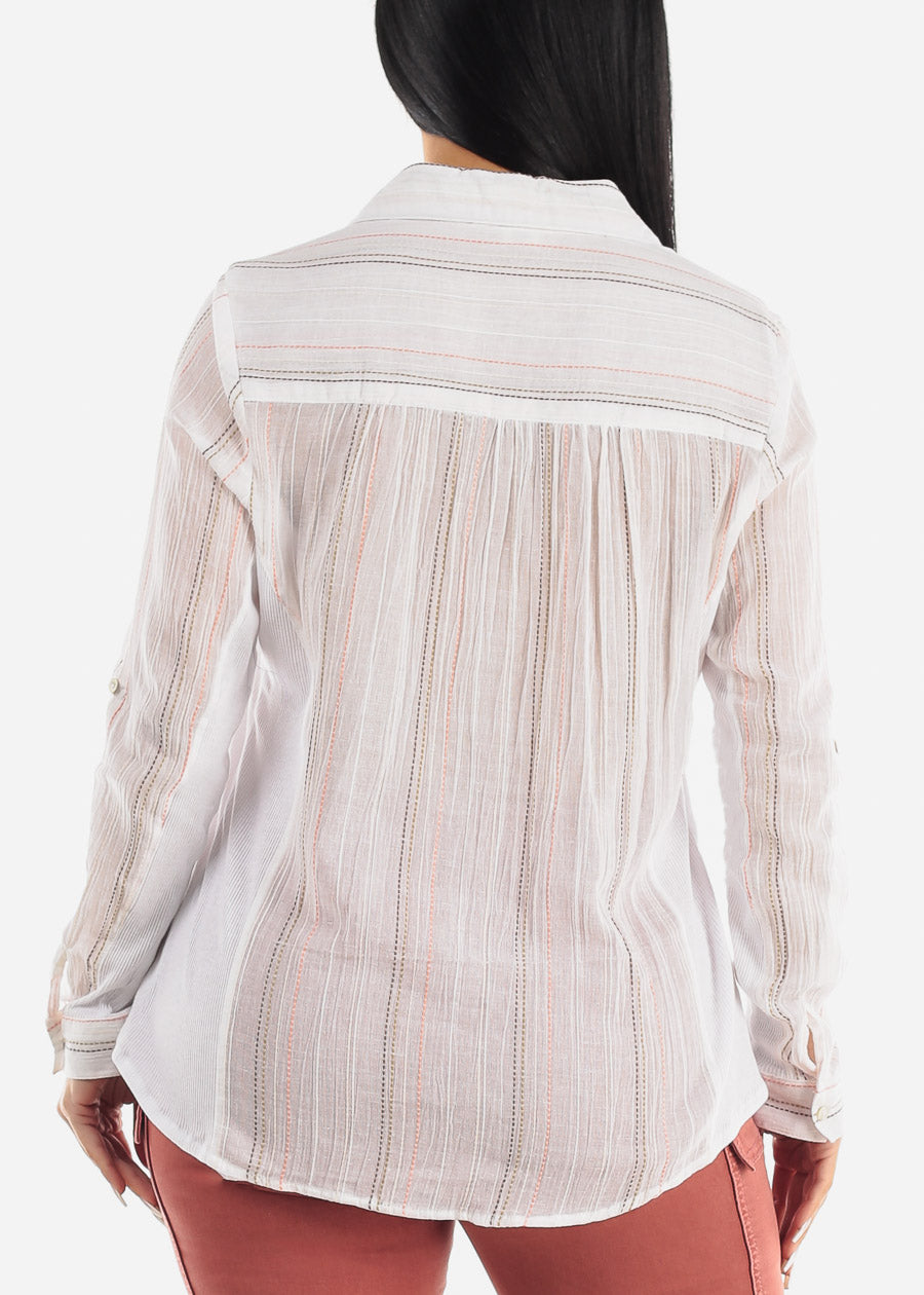 White Long Sleeve Button Down Striped Collared Blouse