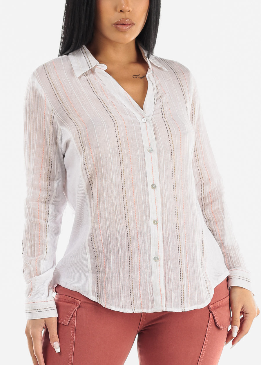 White Long Sleeve Button Down Striped Collared Blouse