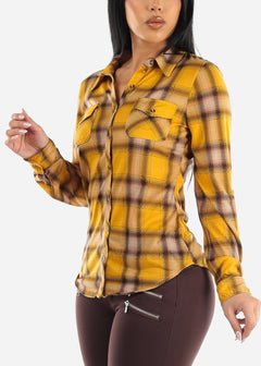 Long Sleeve Button Up Plaid Shirt Mustard