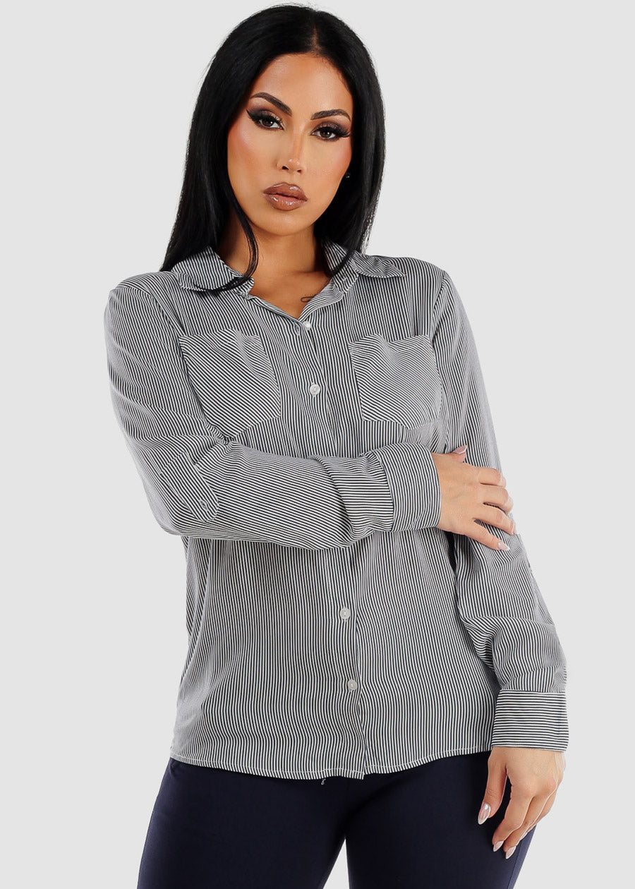 Long Sleeve Button Up Striped Collared Blouse Navy & White