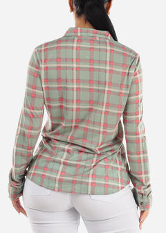 Long Sleeve Button Up Plaid Shirt Sage & Pink