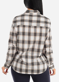 Plaid Button Up Long Sleeve Cotton Shirt Ivory
