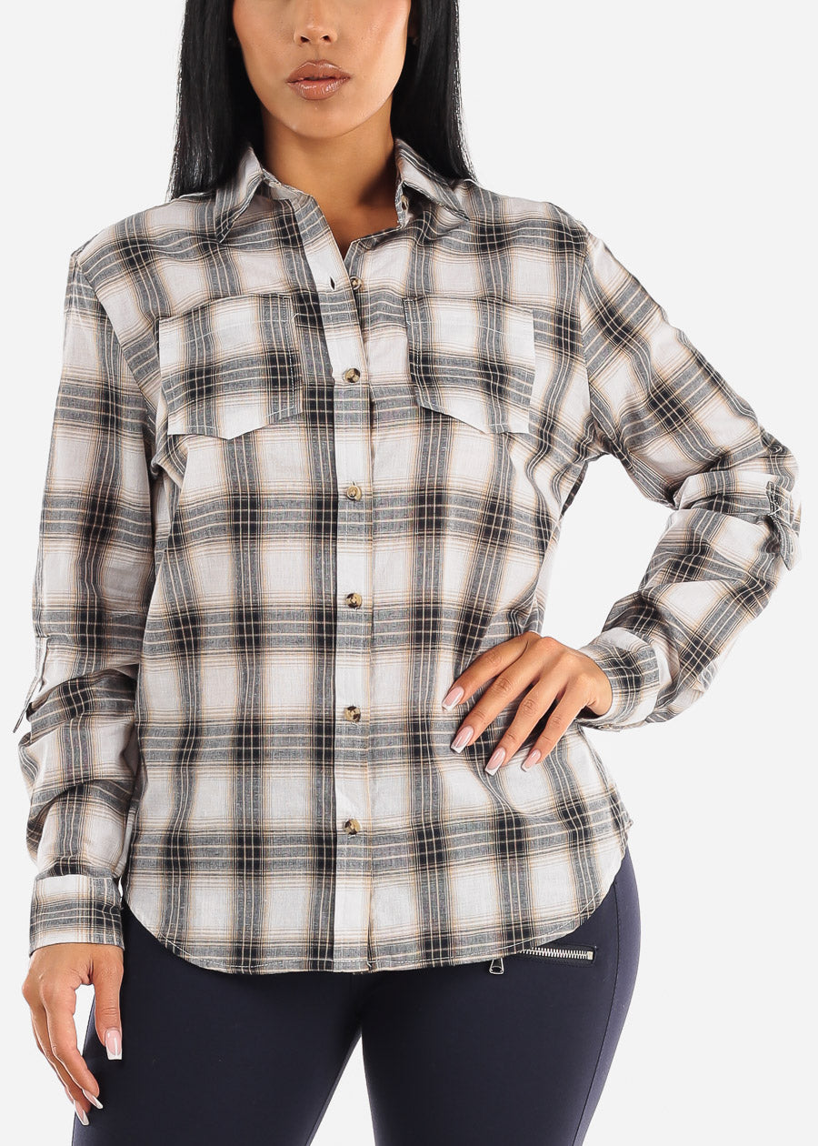 Plaid Button Up Long Sleeve Cotton Shirt Ivory