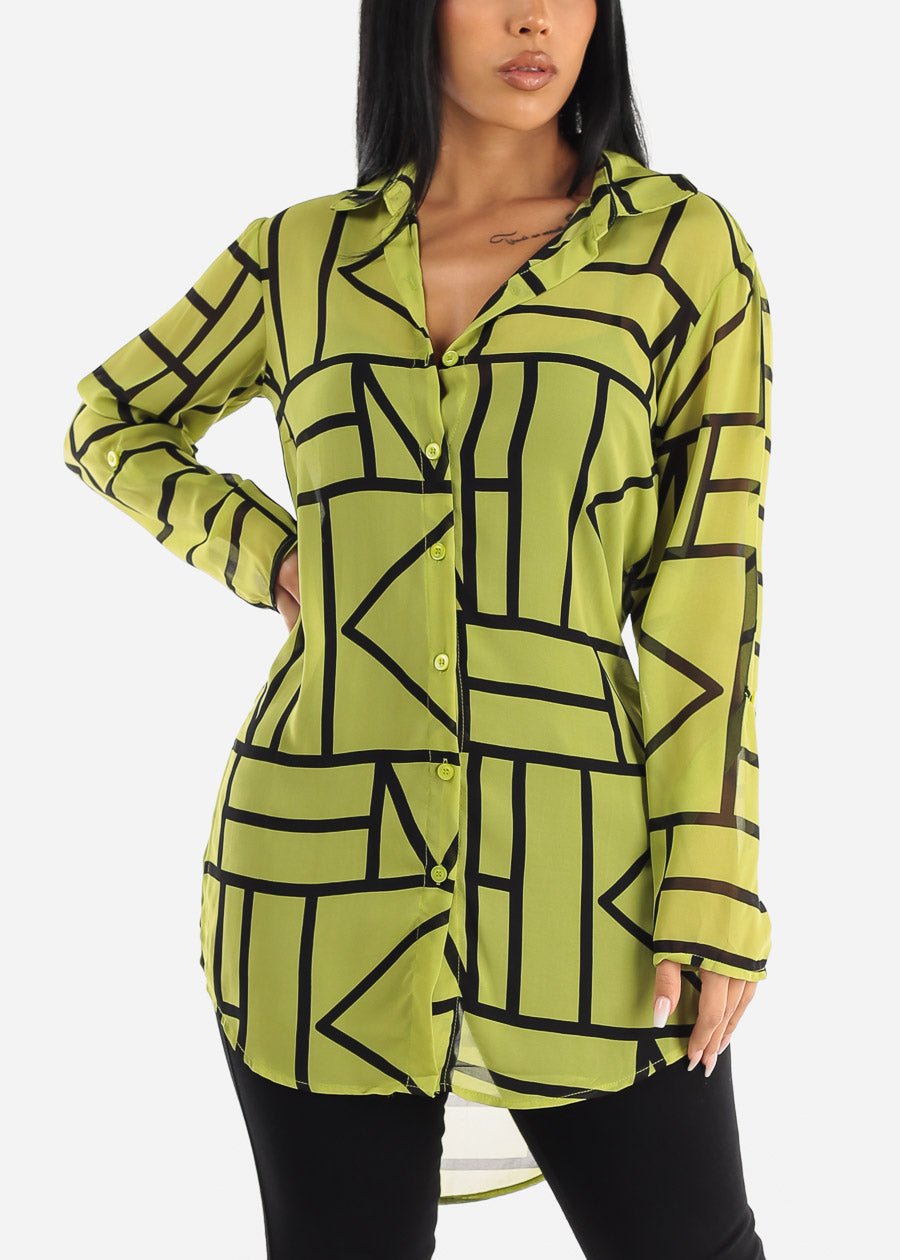 Long Sleeve Button Up See Through Printed Tunic Shirt Neon Green