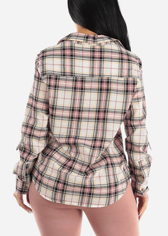 Long Sleeve Button Up Plaid Cotton Shirt Ivory & Rose