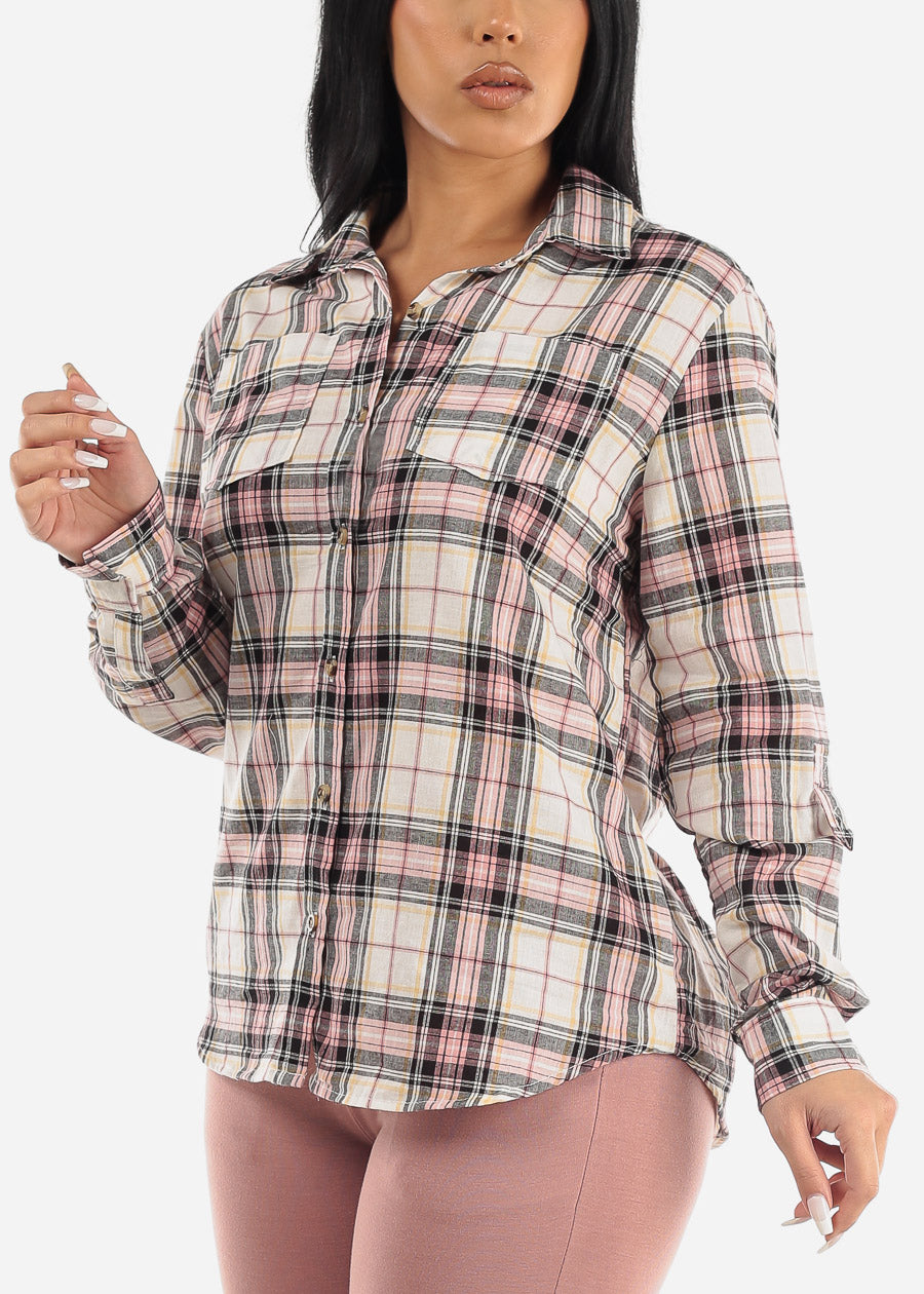 Long Sleeve Button Up Plaid Cotton Shirt Ivory & Rose