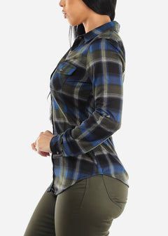 Long Sleeve Button Up Plaid Shirt Olive & Blue
