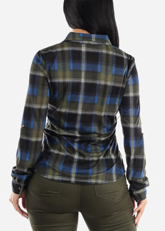 Long Sleeve Button Up Plaid Shirt Olive & Blue