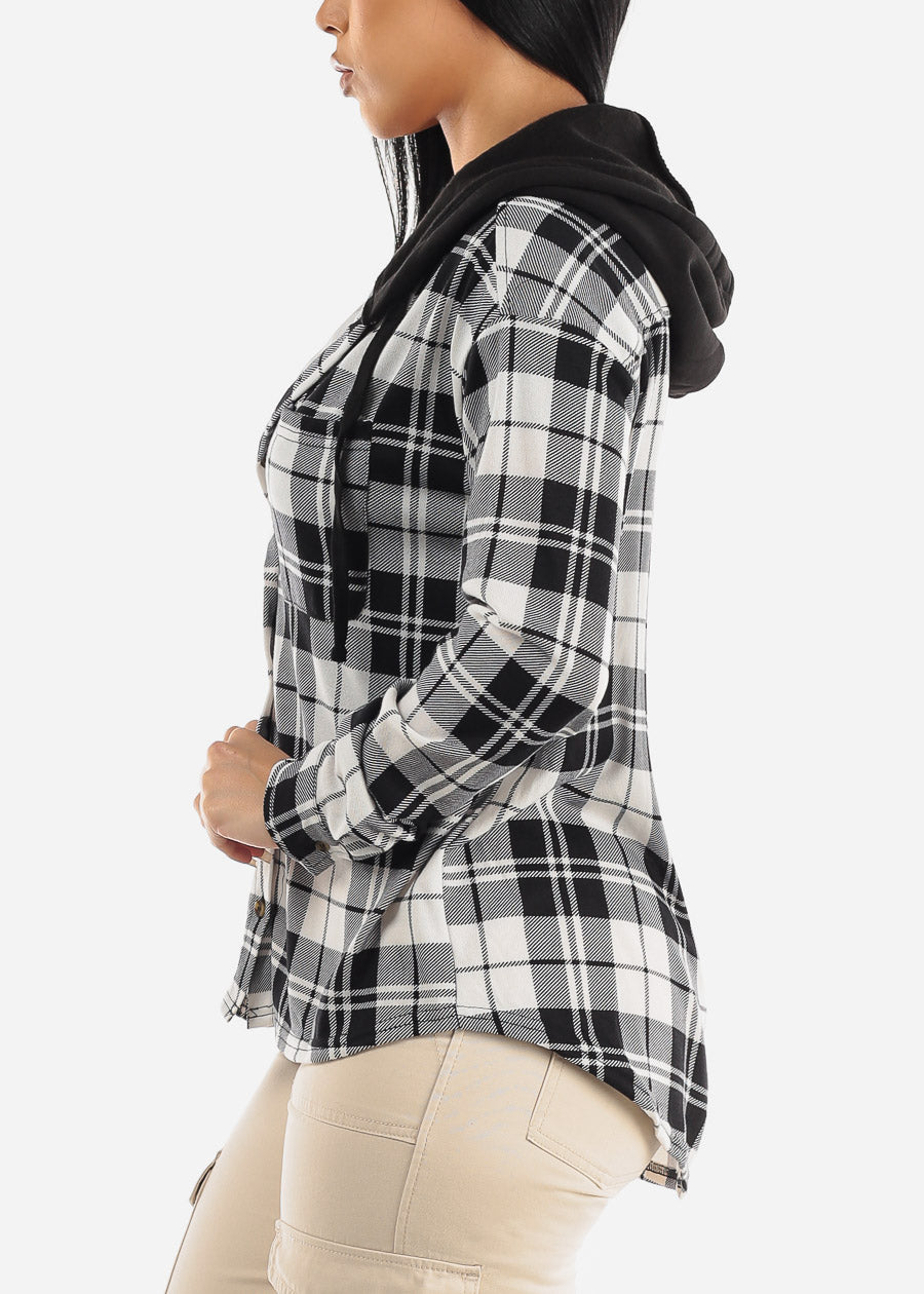 Long Sleeve Flannel Hoodie Shacket Black & White