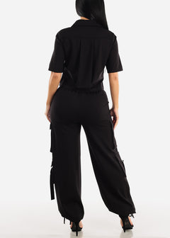 Black Short Sleeve Button Up Shirt & Strappy Cargo Pants (2 PCE SET)