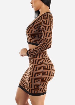 Long Sleeve Geo Print Crop Top & Mini Skirt Brown (2 PCE SET)