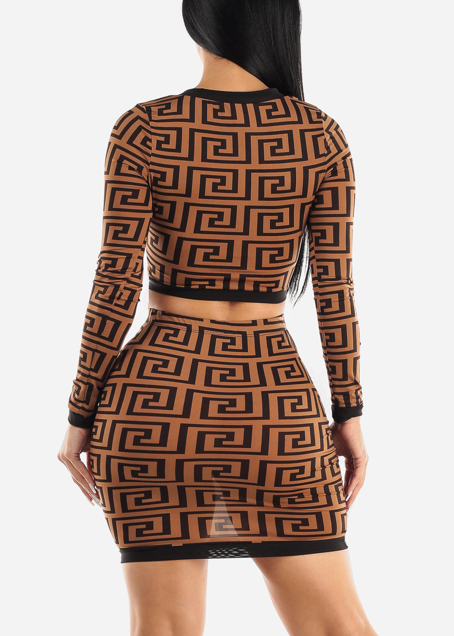Long Sleeve Geo Print Crop Top & Mini Skirt Brown (2 PCE SET)
