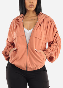 Ruched Long Sleeve Zip Up Jacket Rust