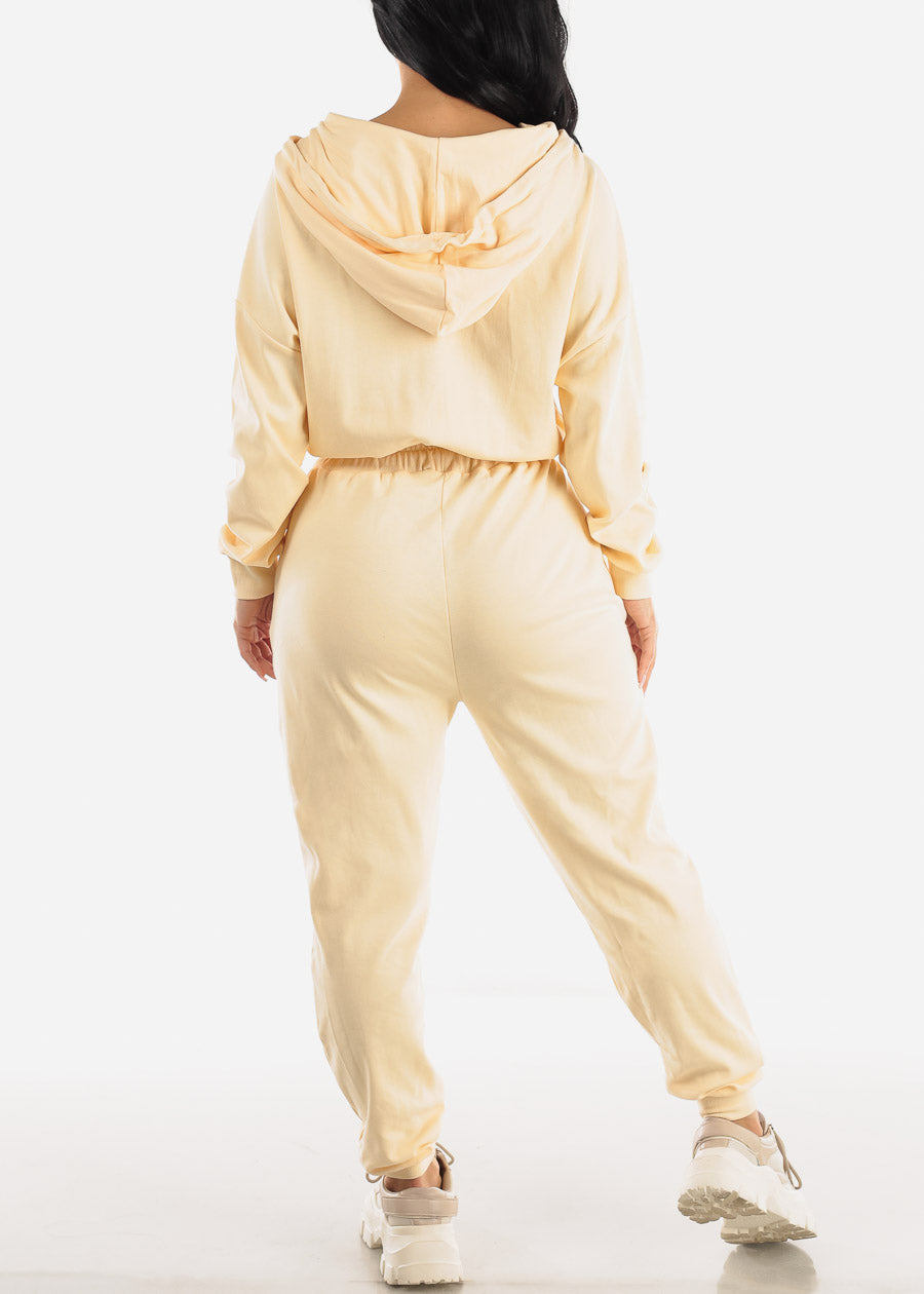 Drawstring Waist Long Sleeve Hooded Jumpsuit Cream