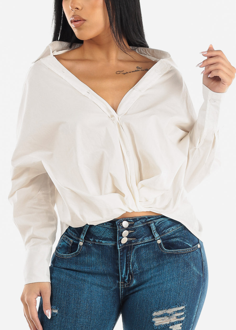 White Oversized Twist Front Button Up Shirt