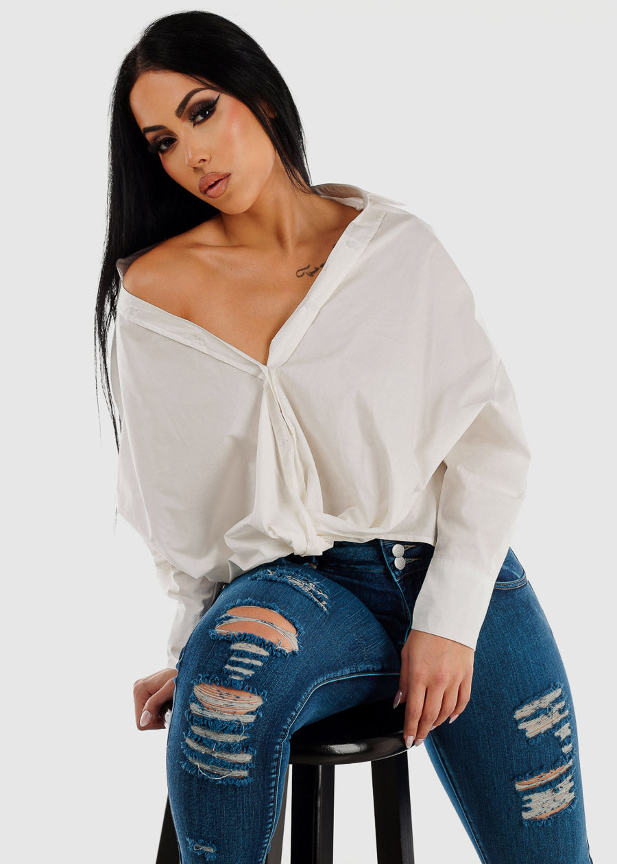 White Oversized Twist Front Button Up Shirt
