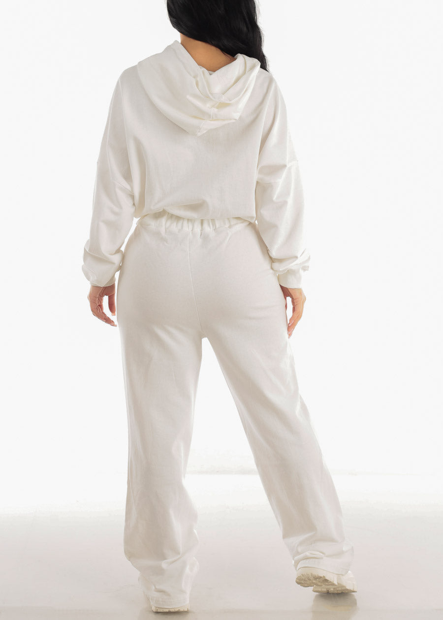 Drawstring Waist Long Sleeve White Hooded Jumpsuit