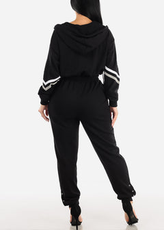 Black Zip Up Long Sleeve Hooded Jogger Jumpsuit