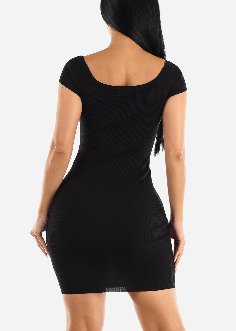 Black Short Sleeve Rib Knit Bodycon Mini Dress