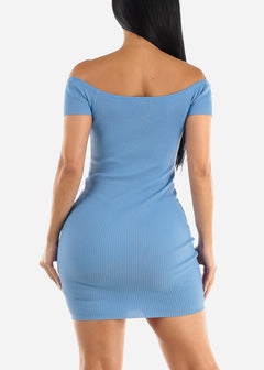 Short Sleeve Rib Knit Bodycon Mini Dress Light Blue
