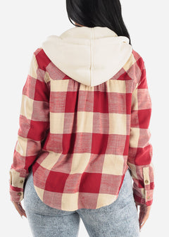 Long Sleeve Plaid Hooded Shacket Red