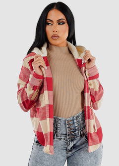 Long Sleeve Plaid Hooded Shacket Red