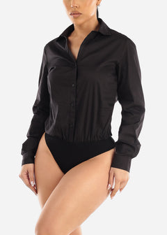Black Long Sleeve Button Down Collared Bodysuit