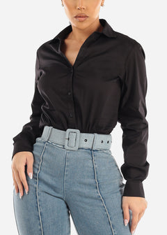 Black Long Sleeve Button Down Collared Bodysuit