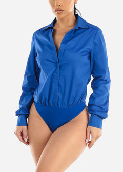 Long Sleeve Button Down Collared Bodysuit Royal Blue