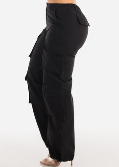 Black High Waist Utility Cargo Pants w Adjustable Drawstring Hem