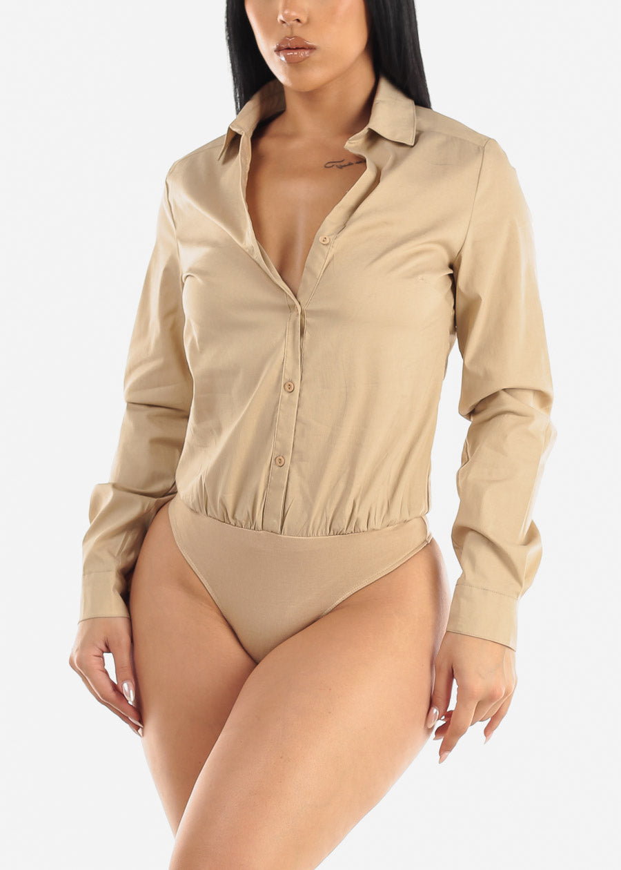 Khaki Long Sleeve Button Down Bodysuit - HEIGHT-OF-FASHION