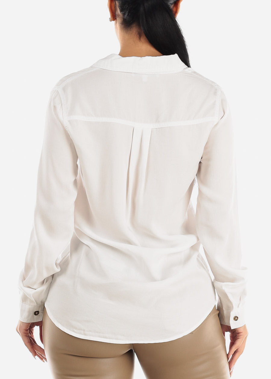 Button Down Long Sleeve White Tencel Shirt