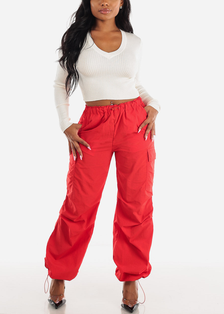 High Waisted Parachute Cargo Pants Red