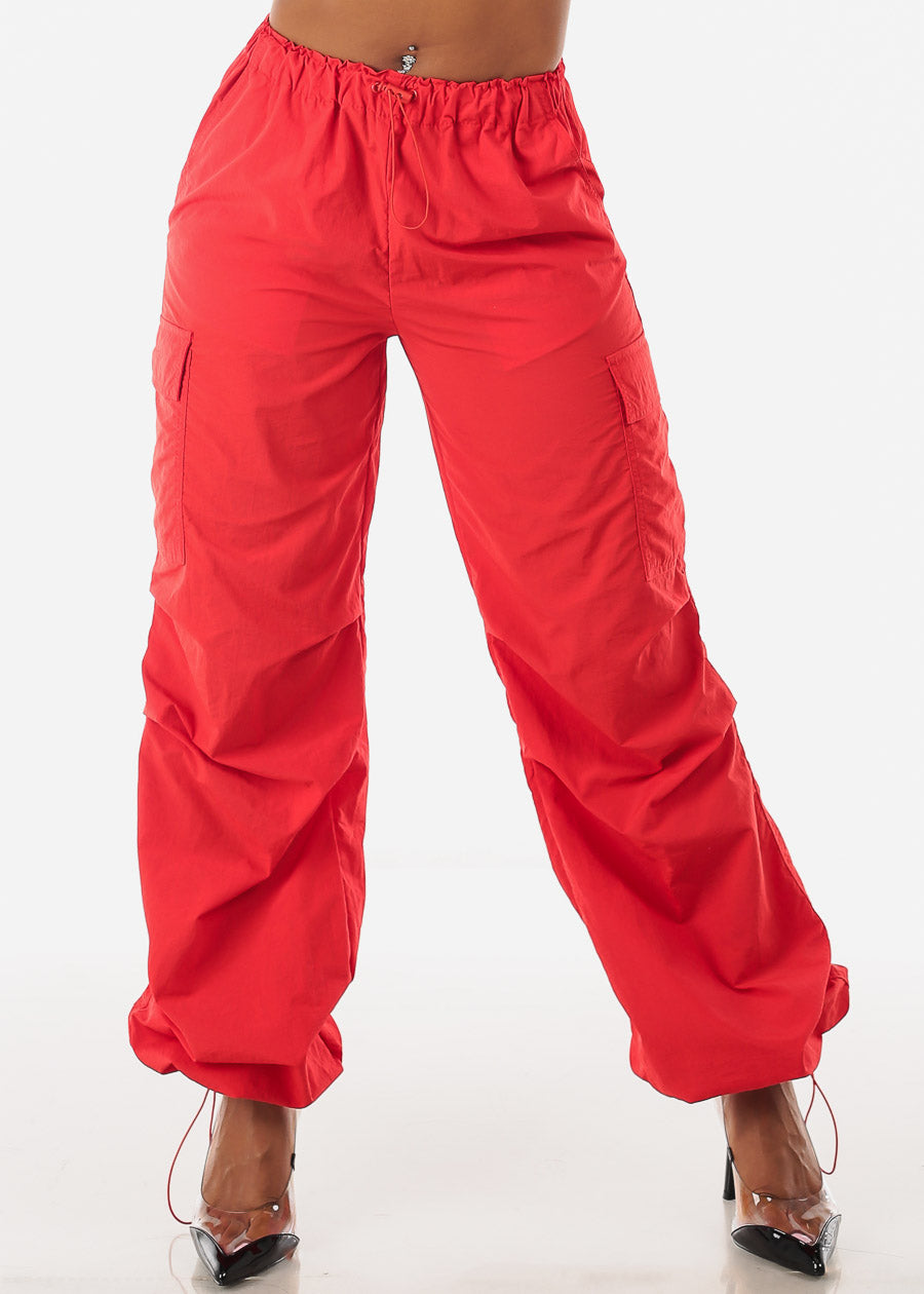 High Waisted Parachute Cargo Pants Red
