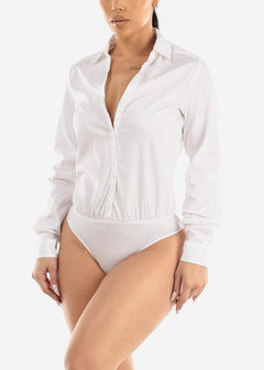 Elegant White Womens Collared Bodysuit For Office And Spring