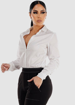 White Long Sleeve Button Down Collared Bodysuit