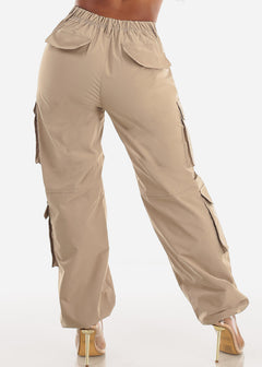 Khaki High Waist Utility Cargo Pants w Adjustable Drawstring Hem