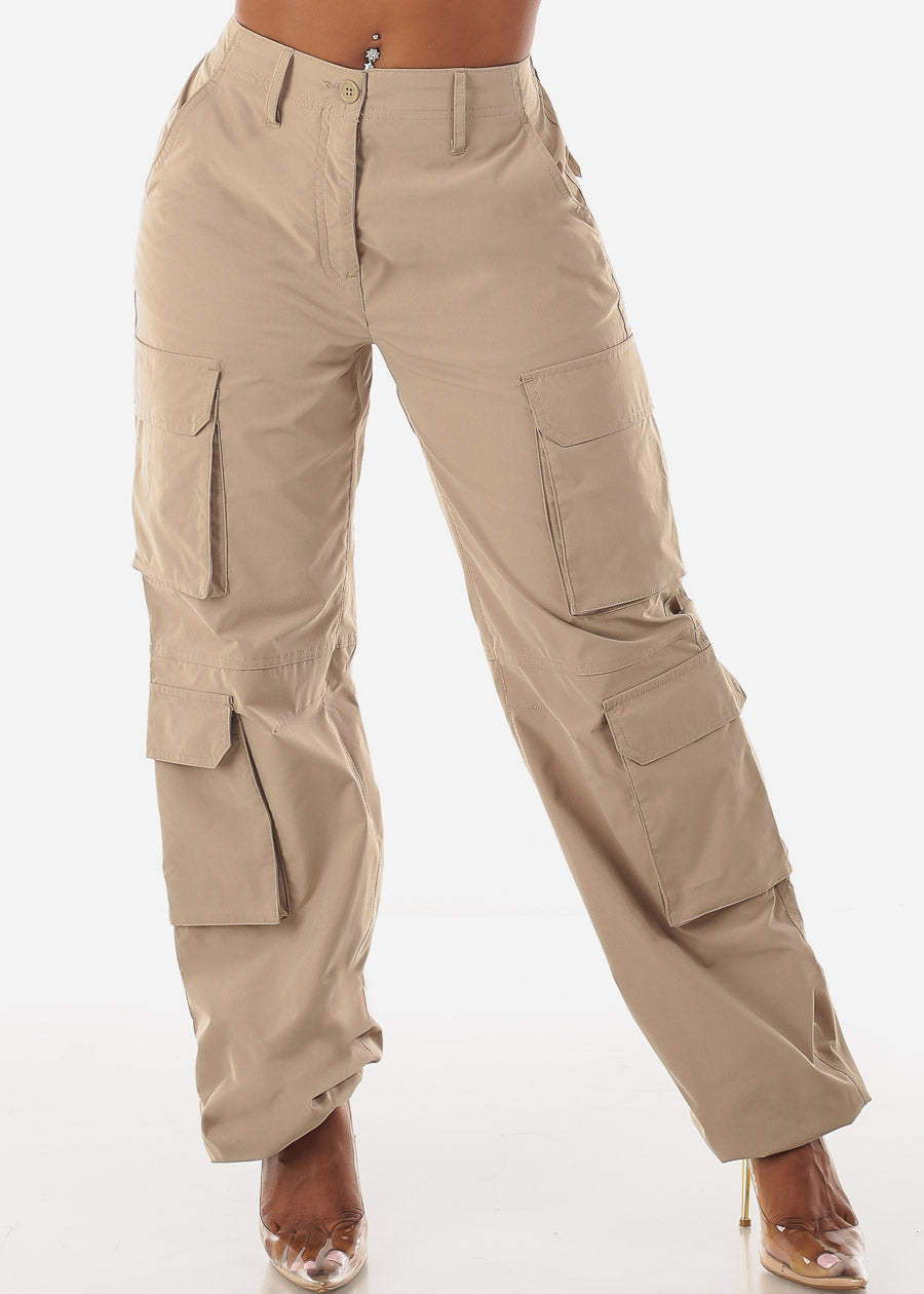 Women's Multi Pocket High Rise Cargo Pants - Khaki Utility Cargo Pants –  Moda Xpress